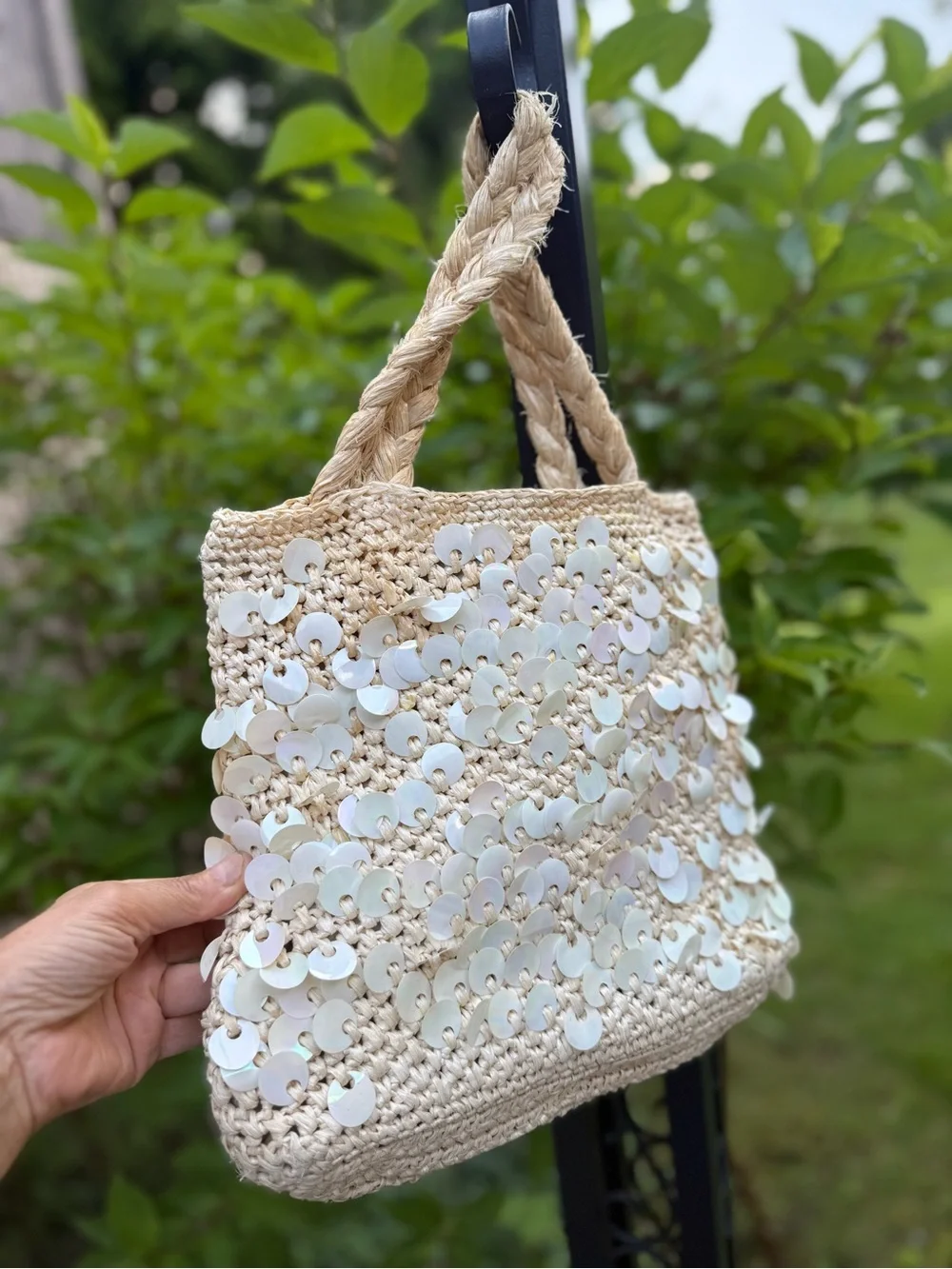 Hand made in Japan vintage walborg  Beige Sequin Straw Tote Bag - Lightweight